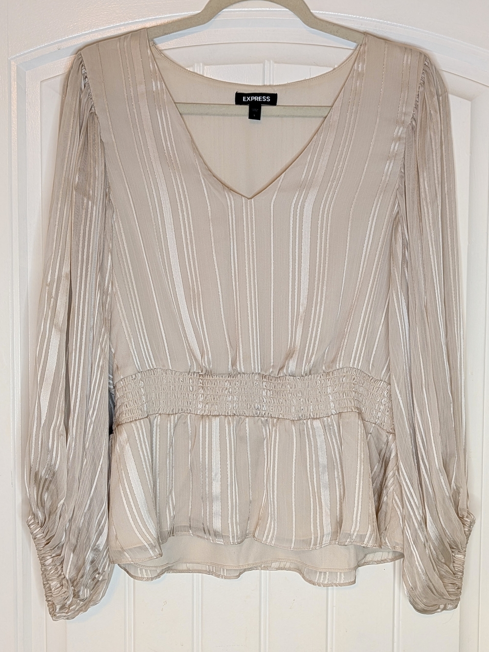 Express Beige Striped Metallic V Neck Peplum Blouse